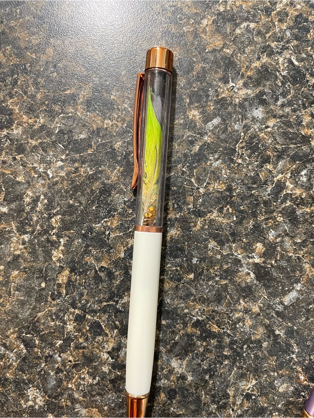 White and Rose Gold Pen with Parrot Feather Accent